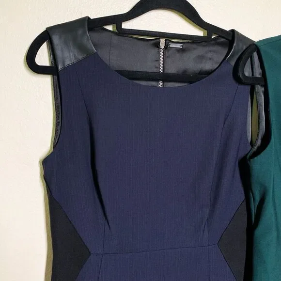 Lot of 2 Elie Tahari Office Career Dresses size 2 Blue Green Leather Trim Sheath - Picture 2 of 9